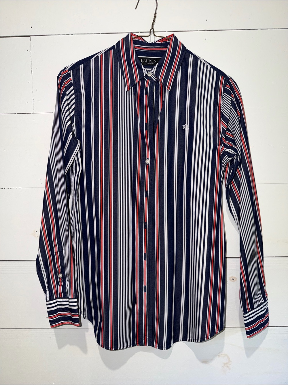 Lauren Ralph Lauren Striped Button Down Shirt XS Navy Red White Cotton